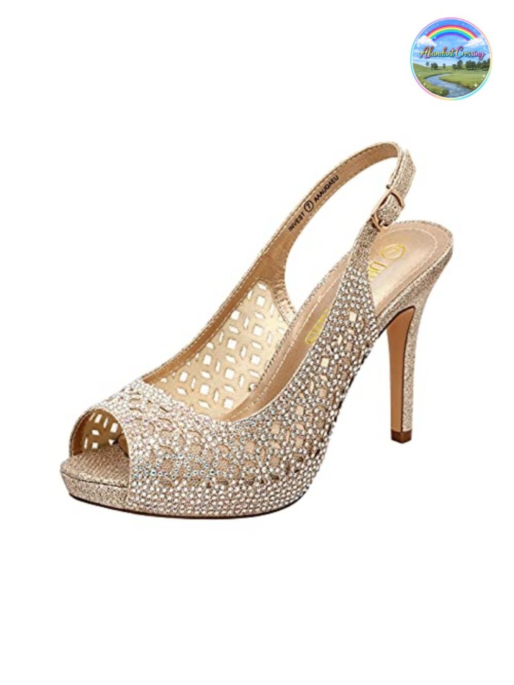 Platform Peep Toe Pump Heels with Rhinestone Mesh, Slingback Ankle Strap,
